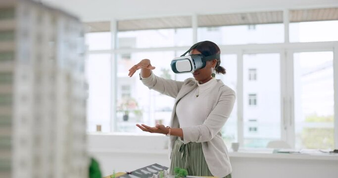 Virtual reality, architecture and augmented reality with black woman in office for designer, engineering or 3d planning. Vision, metaverse and technology with employee vr glasses for ui digital model