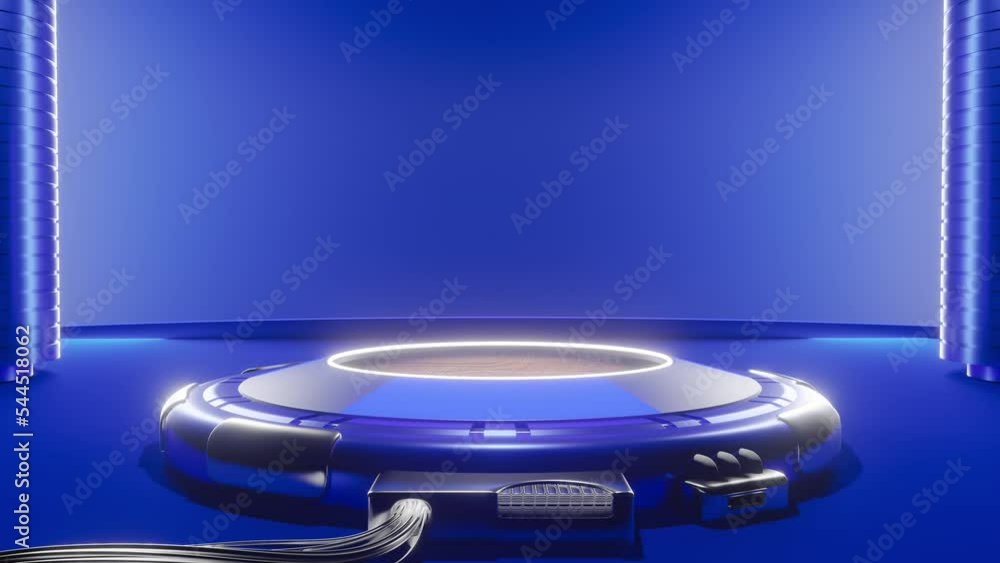 Poster technology element animation seamless loop. power podium empty stage in blue room. futuristic and in