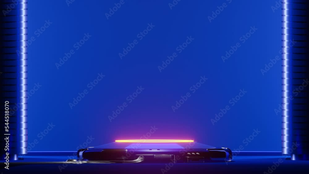 Poster technology element animation seamless loop. power podium empty stage in blue room. futuristic and in