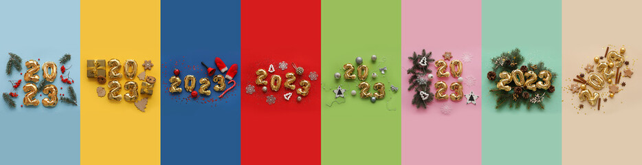 Collage with figure 2023 made of balloons and New Year decor on colorful background, top view