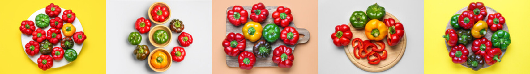 Collage with many bell peppers on colorful background