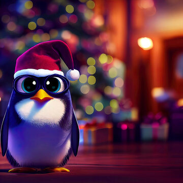 Christmas Penguin With Santa Hat