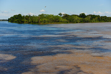 The confluence of the dark waters of the Guaporé-Itenez river with the sandy-colored waters of the Mamoré river, near the small village of Surpresa, Rondonia state, Brazil, on the border with Bolivia	