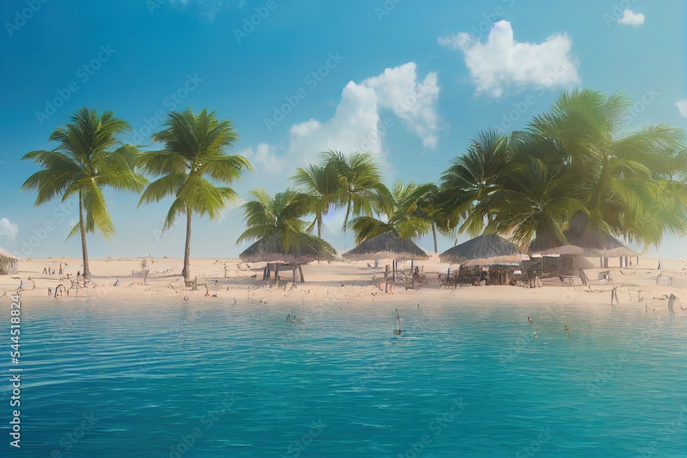 Poster natural summer beach scene with a podium for product display. 3d rendering.