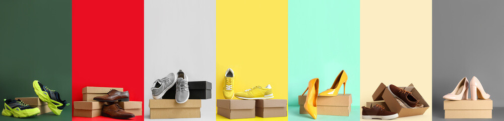 Collection of cardboard boxes with stylish new shoes on color background