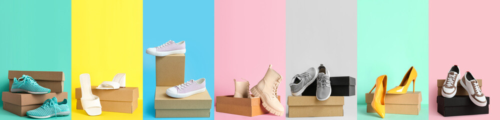 Set of cardboard boxes with stylish new shoes on color background - obrazy, fototapety, plakaty