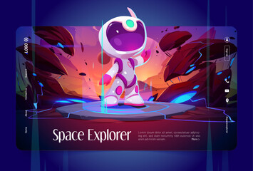 Fototapeta Space explorer landing page template. Cartoon vector illustration of astronaut in spacesuit standing on alien planet and waving hand. Futuristic adventure game character. Presentation website design obraz
