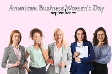 Banner with group of businesswomen on color background. American Business Women's Day