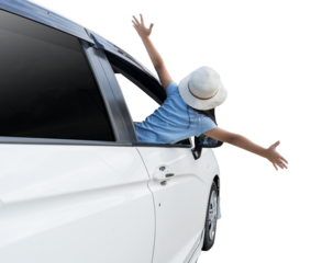 Happy asian child girl in car summer vacation concept, isolated background