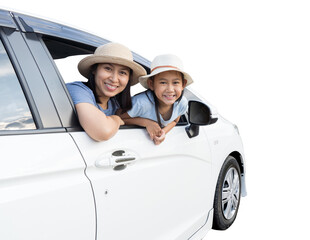 Happy asian woman and child in car summer vacation concept, isolated background