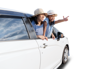 Happy asian woman and child in car summer vacation concept, isolated background