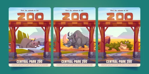 Fototapeten Zoo posters with african animals and entrance with wooden arch. Zoological park invitation flyers with cute hippo, rhino and crocodile characters, vector cartoon illustration © klyaksun