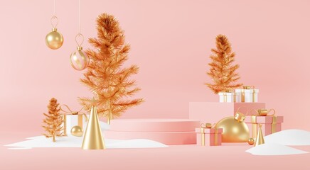 3d Abstract podium stage platform with minimal Christmas and New year event background. Merry Christmas scene for product display or mock up banner. Empty stand pedestal decor in Xmas winter scene.