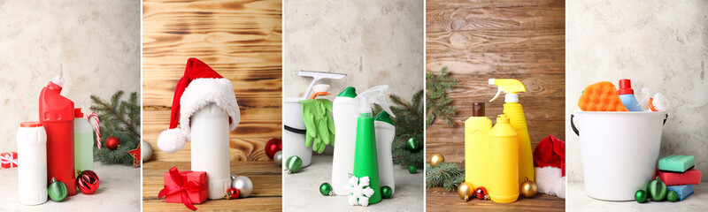 Collage with cleaning supplies and decor on color background. Christmas cleanup - obrazy, fototapety, plakaty