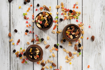 nut mixture in wooden bowls