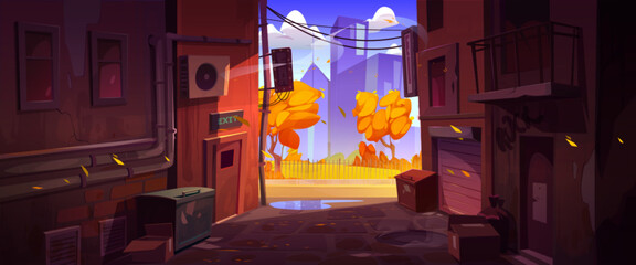 Empty back alley with view to autumn city street landscape. Cityscape with alleyway between old houses, trash bins, flying orange leaves, road with fence and park, vector cartoon illustration