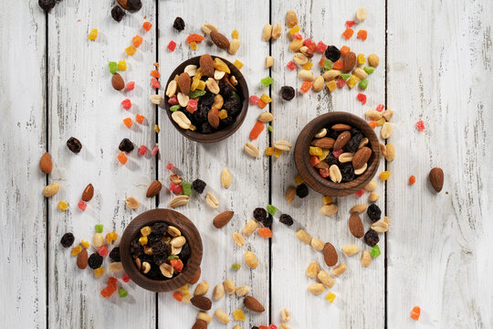 nut mixture in wooden bowls
