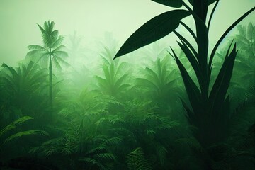 tropical trees and leaves wallpaper design in foggy forest 3D illustration