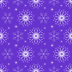 Seamless pattern with white snowflakes on violet background. Festive winter traditional decoration for New Year, Christmas, holidays and design. Ornament of line repeat snow flake. Vector illustration