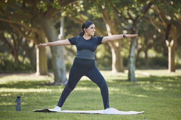 Yoga, stretching and lose weight of woman with body wellness, fitness training and pilates workout in nature park field. Mental health, healthy lifestyle and exercise sports person outdoor stretching