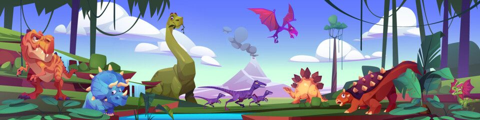 Different dinosaurs in natural environment. Cartoon vector illustration of prehistoric animals in tropical forest and ancient volcano erupting under blue sky. Jurassic era scenery, game ui background © klyaksun