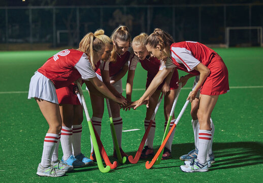 Hockey, together hands and women teamwork, support or motivation for game, competition or training strategy communication. Leadership, sports and group hand stack circle in target goal collaboration