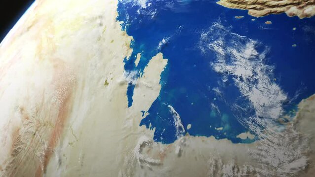 Map view of Qatar Doha from above the clouds from space.