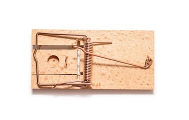 Empty wooden mousetrap on white background