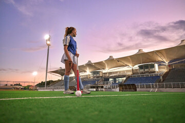 Hockey, stadium and woman sports training, thinking of game strategy and goal fitness health on...