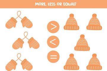 More, less or equal with cartoon mittens and hats.