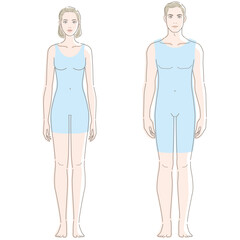 Female and male whole bodies. Vector illustration in line drawing, isolated on white background.