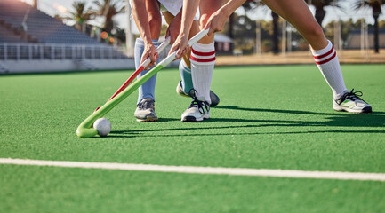 Hockey, field and athletes playing a game at a championship or sports training at an outdoor...