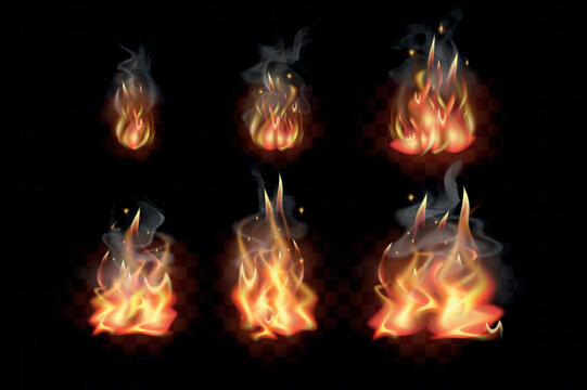 Burning fire 3d set in realism design. Bundle of different stages of flames with smoke and sparks, flaming effect, shining flares or campfire blaze isolated realistic elements. Vector illustration