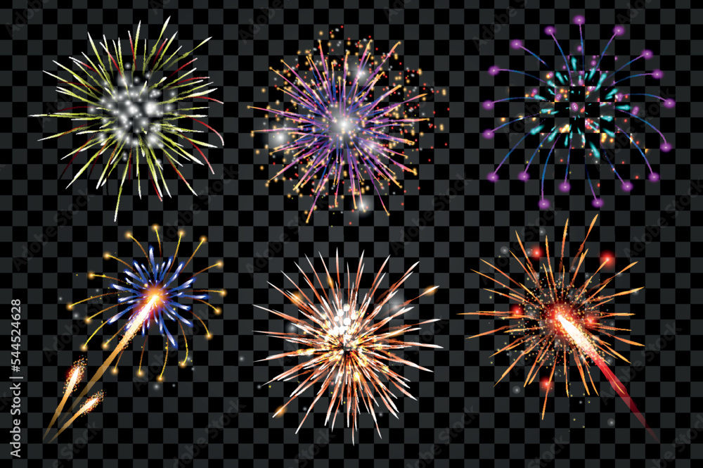 Poster fireworks explosions 3d set in realism design. bundle of colourful sparkling salute, firecracker fla