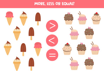 More, less or equal with cartoon ice creams and cupcakes.