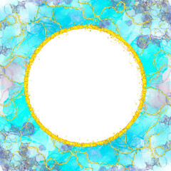 Blue Turquoise Watercolor Alcohol Ink With Circle Gold Glitter Frame Holiday Bokeh Background