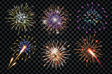 Fireworks explosions 3d set in realism design. Bundle of colourful sparkling salute, firecracker flashes at transparent background, holiday bursts isolated realistic elements. Vector illustration