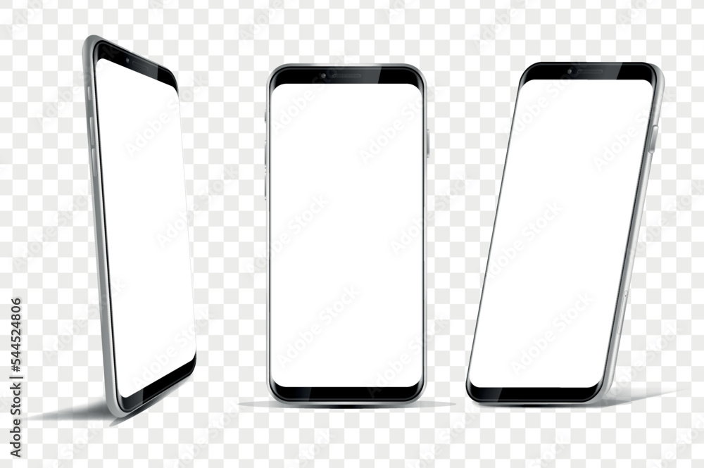 Aufkleber Mobile phone mockup 3d set in realism design. Bundle of smartphone presentation template, generic device with empty screen in different angles of view isolated realistic elements. Vector illustration