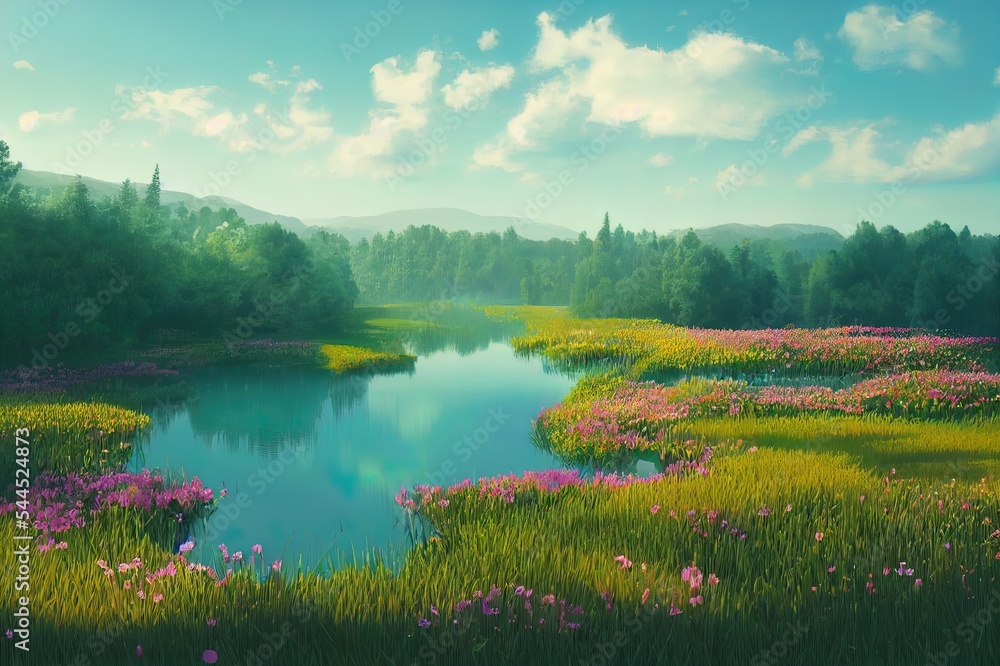 Poster abstract spring summer landscape scene with geometric form. lake and flower view. 3d rendering.