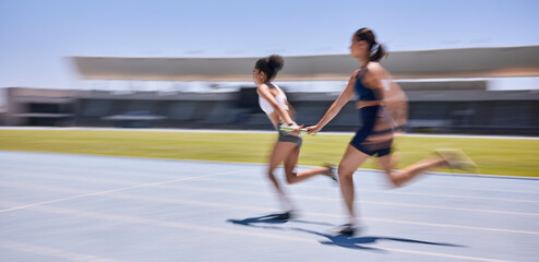 Speed race, relay and woman running in marathon competition, sports event or high energy track...