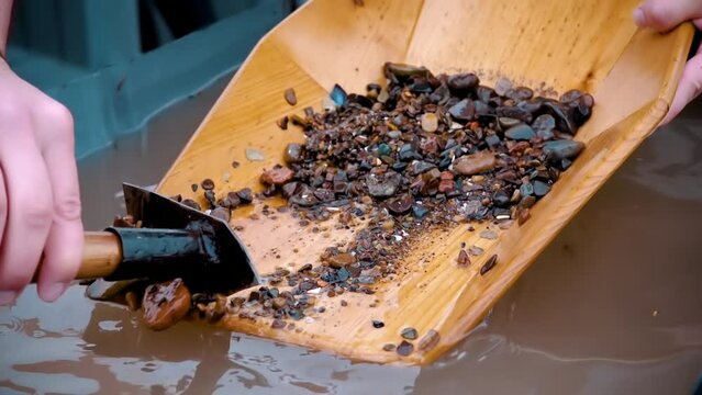 Gold mining at the mines. A man rakes sand from a tray with a pickaxe. Search for gold