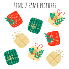 Find 2 identical pictures. Christmas. Task, puzzle for a child. Testing, IQ. Children's education. Game form of education. Printable worksheet. Preparation for school.
