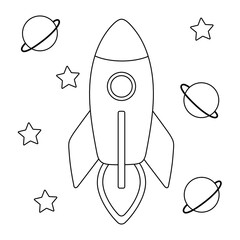 Coloring book, rocket in space, planets, stars. Black and white illustration for coloring. Development of children, education of preschoolers, schoolchildren. task, game.