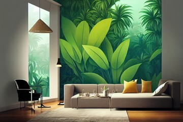 Tropical trees wallpaper design, garden background, landscapes view, mural art.