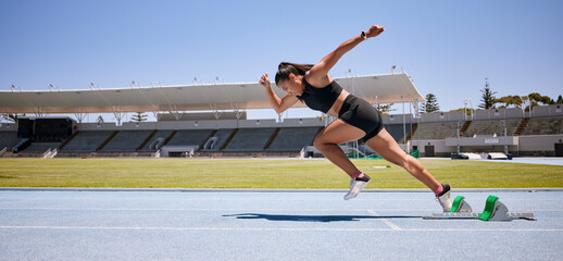 Fitness, start and running with woman in stadium for sports, training and marathon on race track....