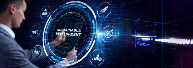 SUSTAINABLE DEVELOPMENT inscription, cloud technology concept. Business, Technology, Internet and network concept.