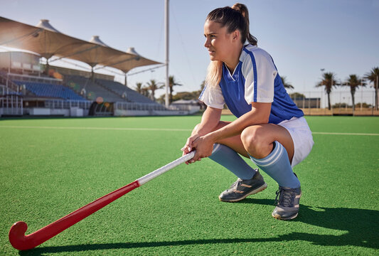 Sports, Hockey And Woman Relax On Field During Match, Thinking And Planning A Game Strategy. Field Hockey, Coach And Girl With Stick, Athletic And Mindset At Stadium For Training, Exercise And Sport