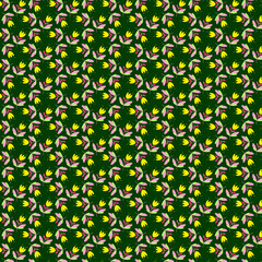 Bright abstract botanical pattern Small pink yellow  green tulips isolated on a dark green background