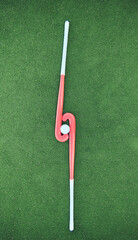 Hockey, sticks and ball on turf grass at a stadium for a sports match, exercise or training....
