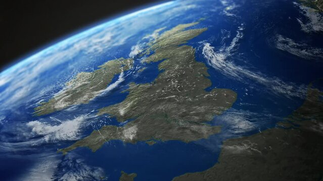 Map view of UK, Britain, England, Scotland, Wales, Ireland from above the clouds from space.